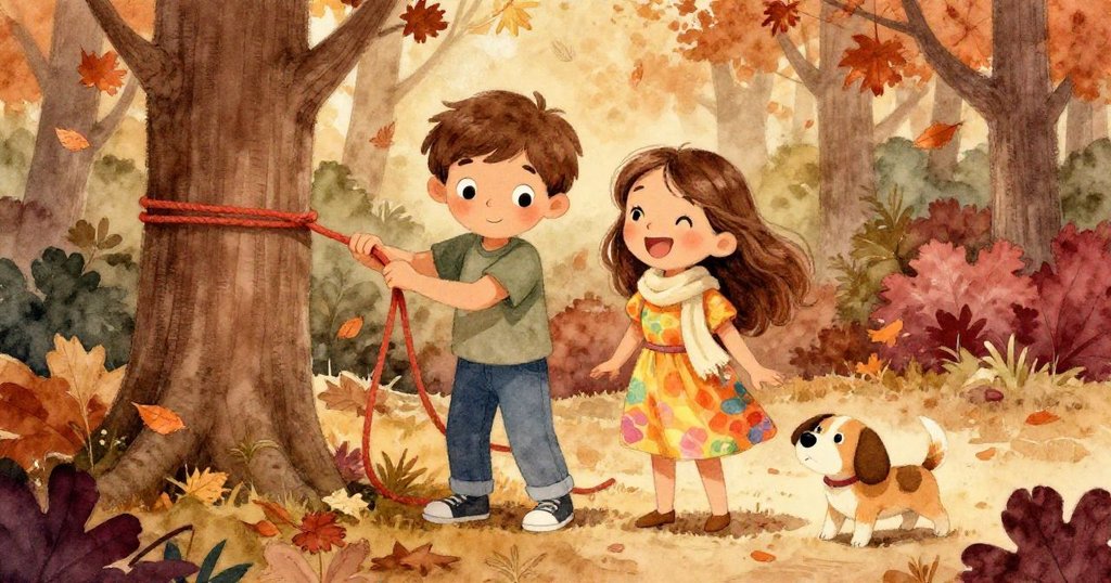 山姆在溫暖秋日陽光下將帕奇用紅繩綁在路旁柱子上，米婭指出位置，落葉飛舞，場景溫馨有序。