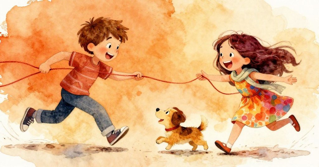 帕奇興奮地奔跑離開，山姆急忙伸手抓牠，米婭驚喜笑聲連連，陽光明媚下充滿活力與快樂。