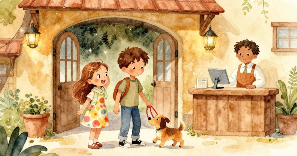 山姆溫柔抱起帕奇，米婭陪伴在側，售票員微笑迎接，在溫暖動物園入口前團聚，展現出結局和諧之情。