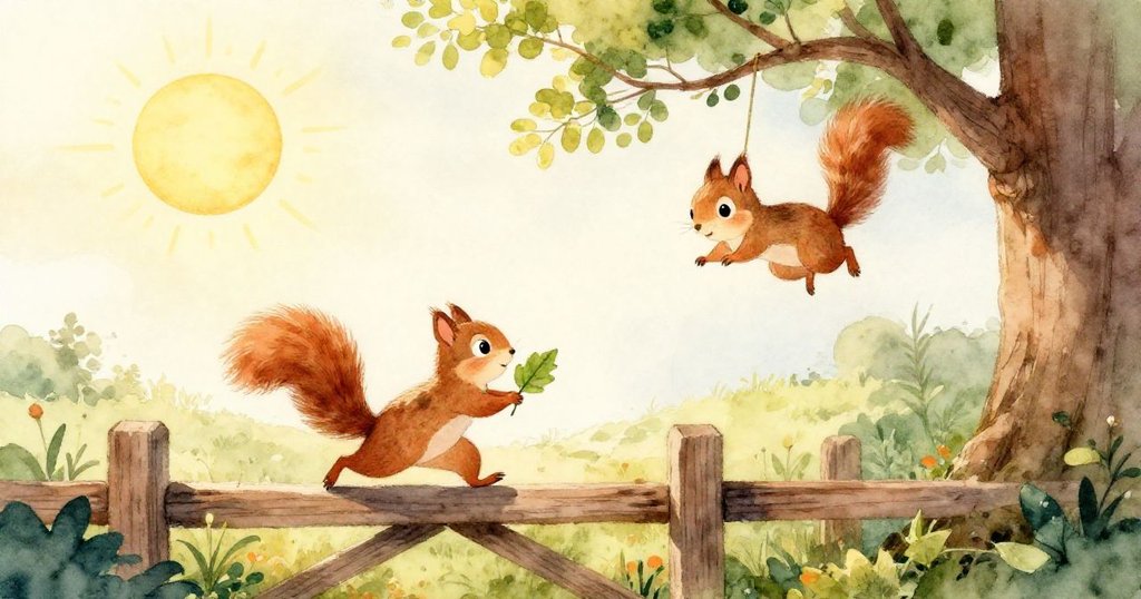 小松鼠Flora沿著木柵奔跑,尾巴飛揚,腳步輕快碰觸鄉村地面,展現活力與喜悅。