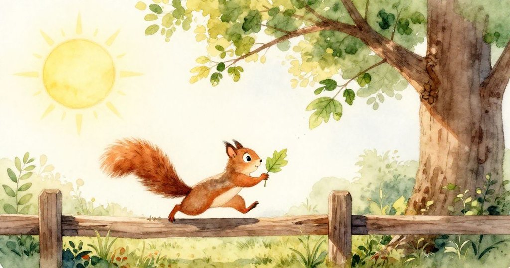 小松鼠Fauna全力奔跑跳躍,精準捕捉旋轉著的葉子,臉上露出堅定神情,動作敏捷背景生動。