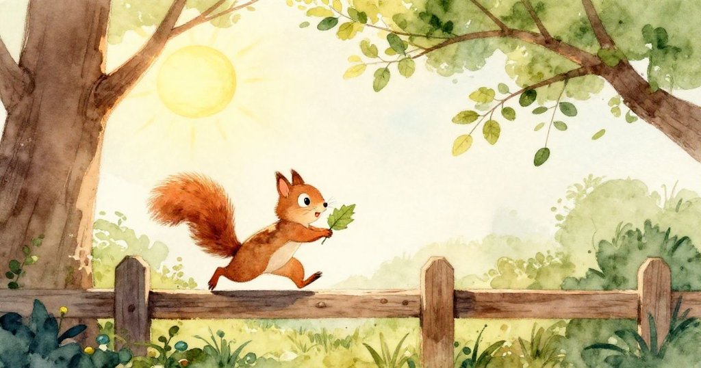 在夕陽餘暉中,小松鼠Flora與Fauna攀上粗糙樹幹並躲進溫馨樹洞,用葉子打造柔軟內襯,場景溫暖平和。