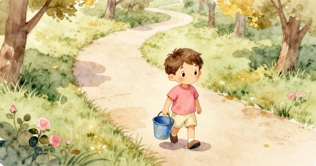 在溫暖陽光下，Leo提著藍色水桶走進公園，公園廣闊綠意盎然，地面覆蓋著新鮮草地，他滿懷期待前進。