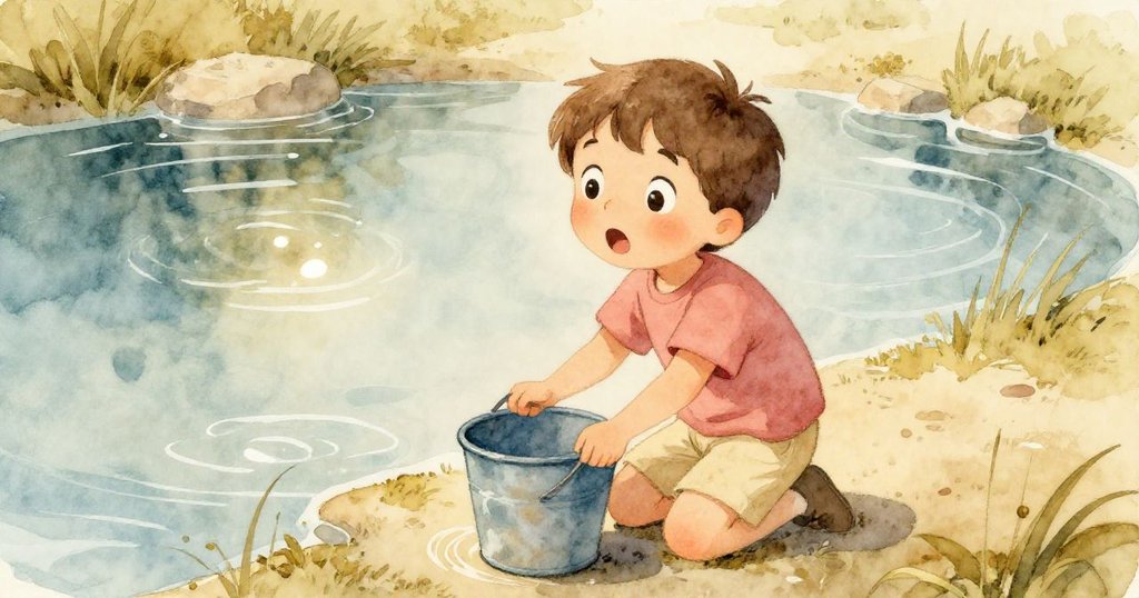 Leo跪在池塘邊取水，低角度展示他充滿驚喜的表情，陽光映照下的清澈池水閃爍，場景寧靜美好。