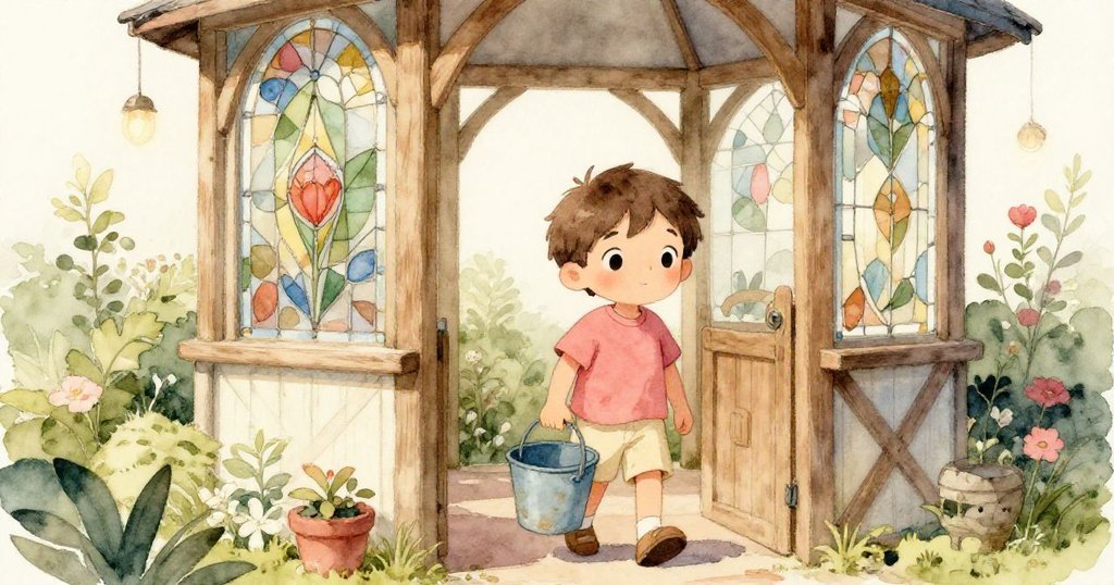 Leo進入充滿綠意的小亭子，彷彿室內房間般溫馨，窗外自然光線灑入，讓他露出充滿好奇的微笑。