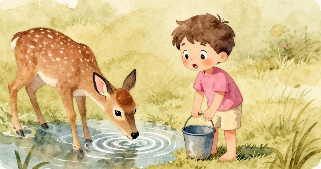 在池塘邊，一隻溫柔的鹿出現擋住水源，Leo驚訝卻尊重地停下來，水面泛起微微漣漪，情景充滿詩意。
