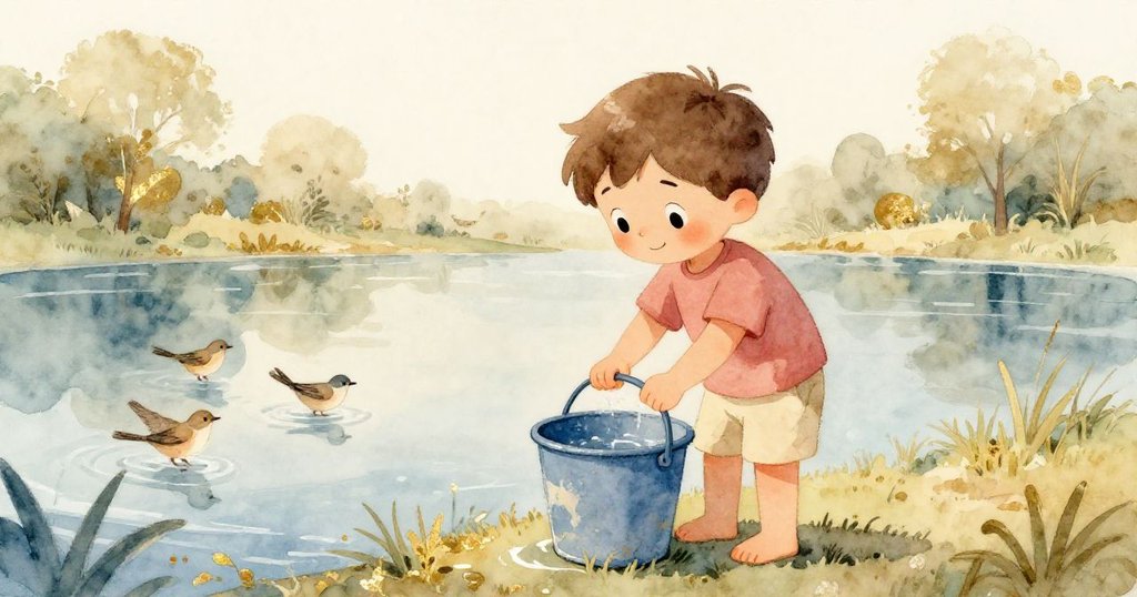 鹿已離去，Leo滿懷溫柔微笑著填滿藍色水桶，鳥兒在枝頭歌唱，自然溫馨相聚，場景寧靜祥和。