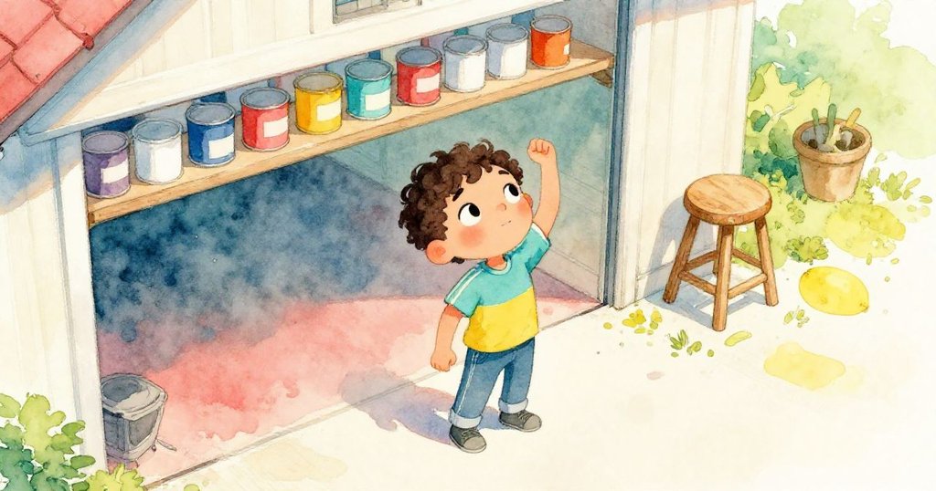 早晨陽光灑落車庫,Leo在高架子上尋找棒球,神情專注,背景有油漆桶與木凳,開啟冒險序章。