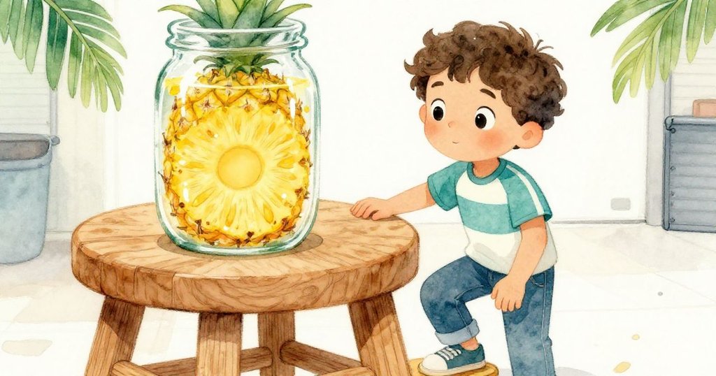 Leo小心地踏上搖晃木凳,鏡頭特寫木紋與玻璃鳳梨罐,神情稍顯緊張,細節豐富。