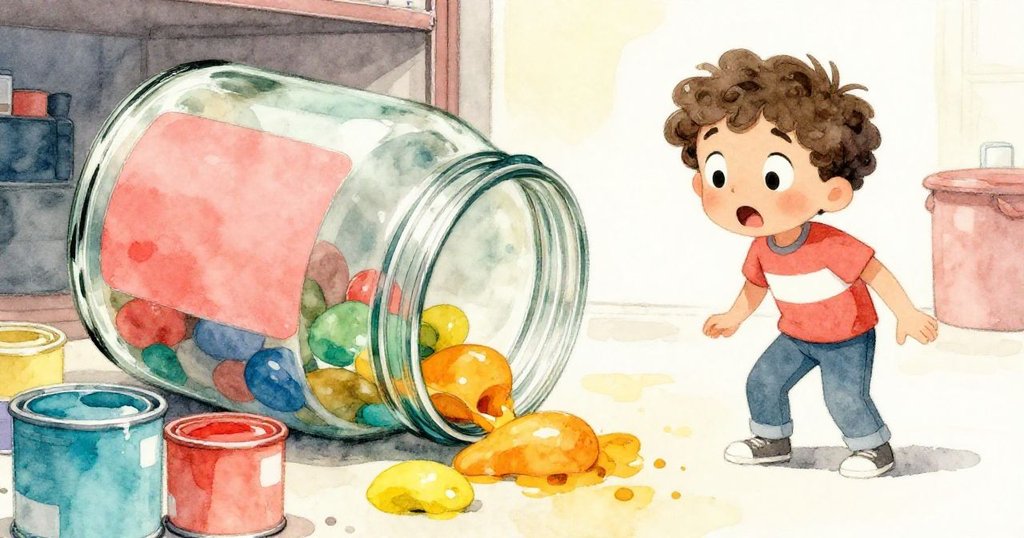 低角度視角,Leo驚愕看著玻璃罐傾倒滾向油漆桶,屋內細節豐富,情感和動作明顯。