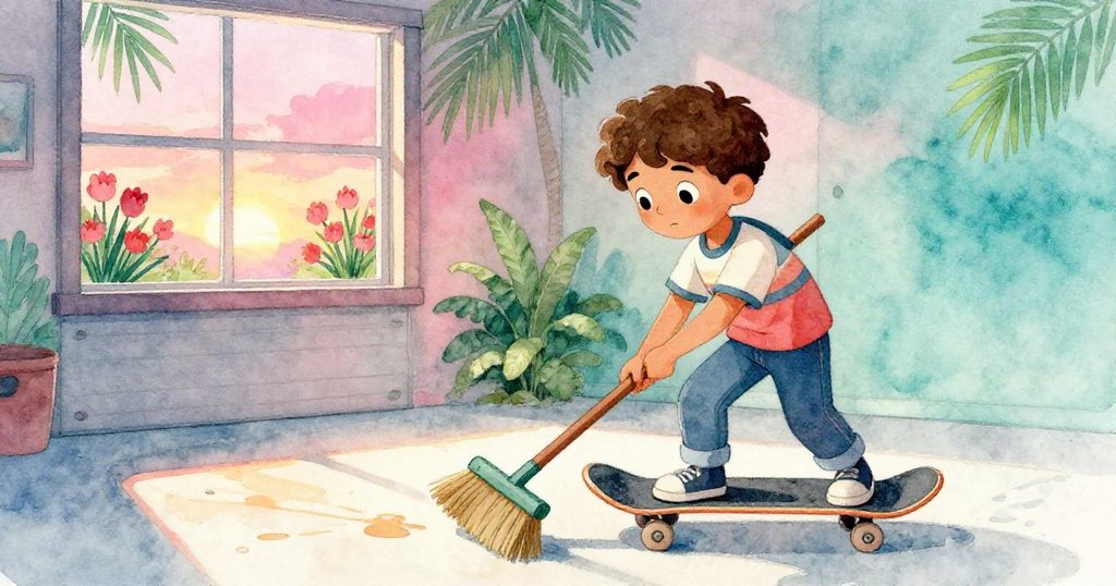 車庫中,Leo攔阻滾動滑板,窗外春天花朵隱約可見,其動作機敏且充滿希望。