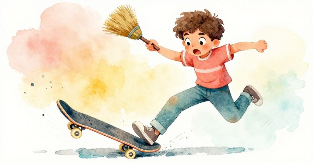 Leo急速跳離滑板撞擊腳踝,揮掃把防止滑板繼續移動,臉上展露出痛楚與果斷,情節緊張。