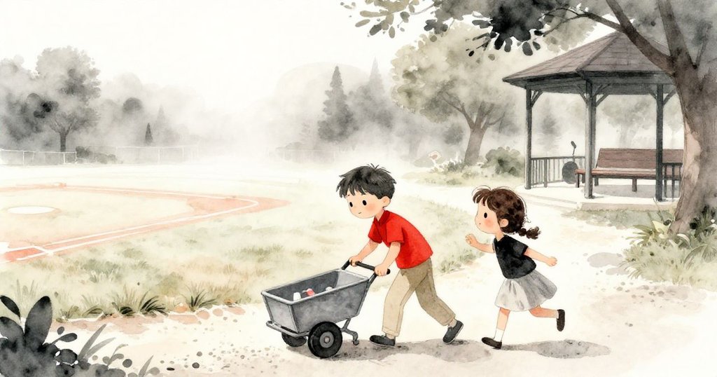 公園晨霧中，Leo與Mira推著金屬粉筆車在碎石路上前進，背景有棒球場和樂隊棚，兩人充滿活力