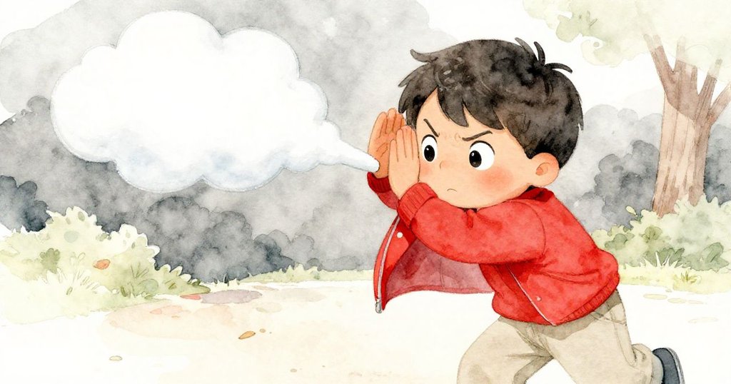 Leo表情專注，拉過紅外套遮擋粉筆雲，背景淡化呈公園晨光，充滿決心與驚訝