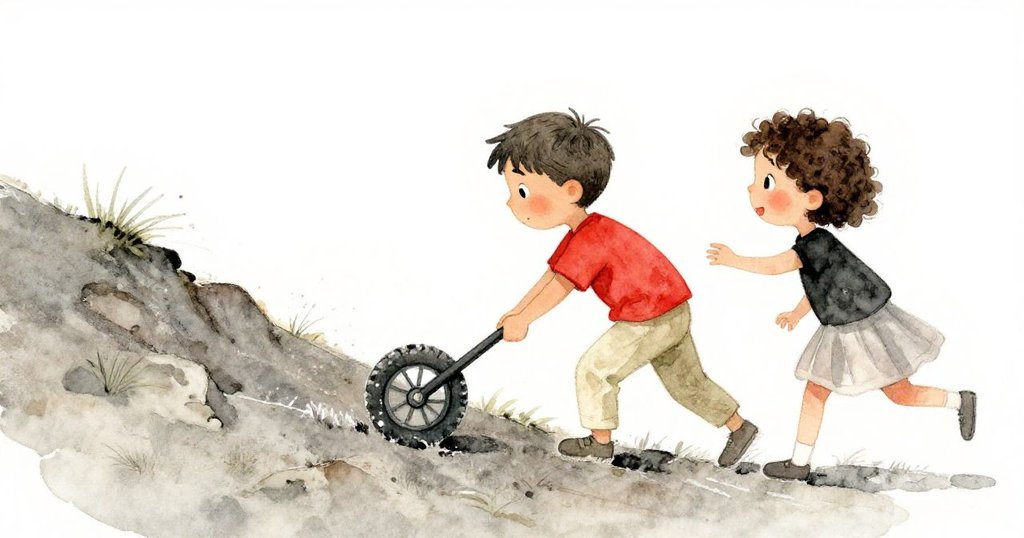 傾斜視角下，Mira與Leo合作解決粉筆車卡輪問題，兩人表情專注，動作充滿活力與挑戰精神