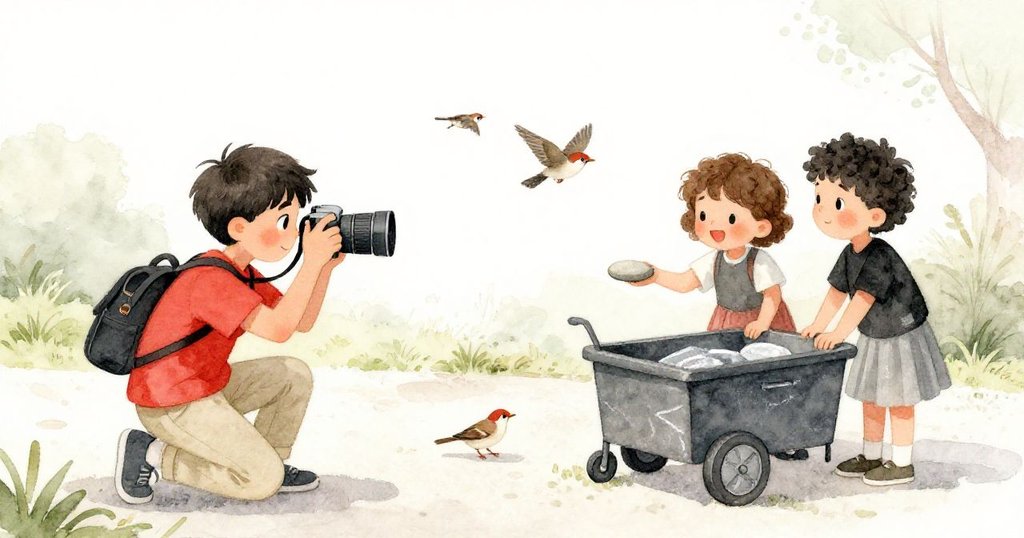 攝影愛好者彎腰拍攝麻雀，並遞給Mira與Leo一塊平石，協助解決卡輪問題，場景溫馨友善