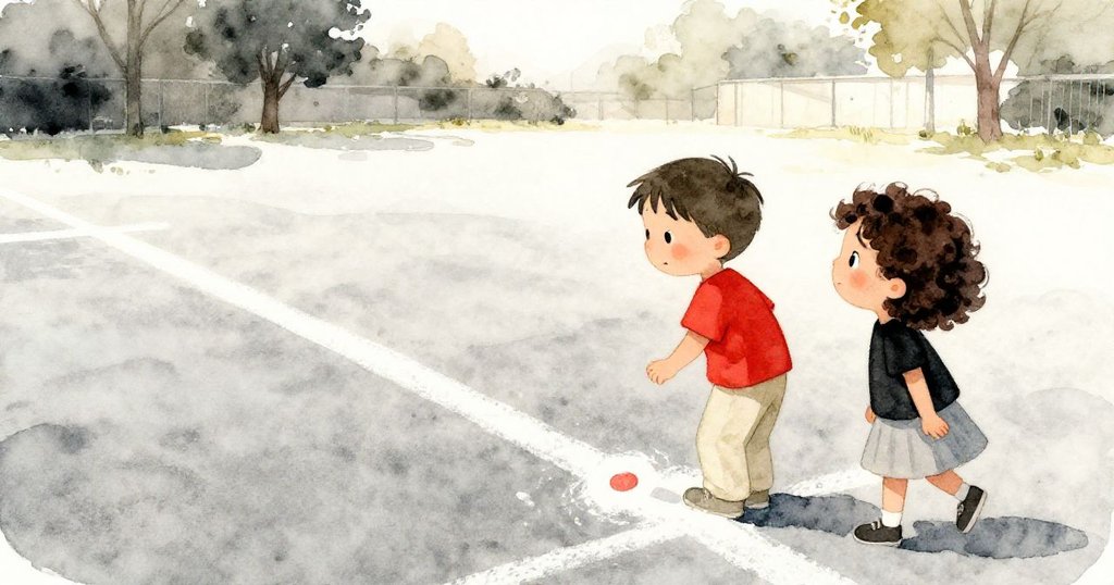 Leo與Mira並肩欣賞完美粉筆線，臉上流露滿足與喜悅，公園寧靜，故事完美落幕