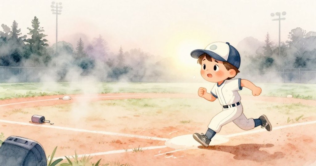 達倫在晨霧籠罩的棒球場上奔跑，場地濕潤、器材散落，神情堅定，充滿早晨神秘氣息。