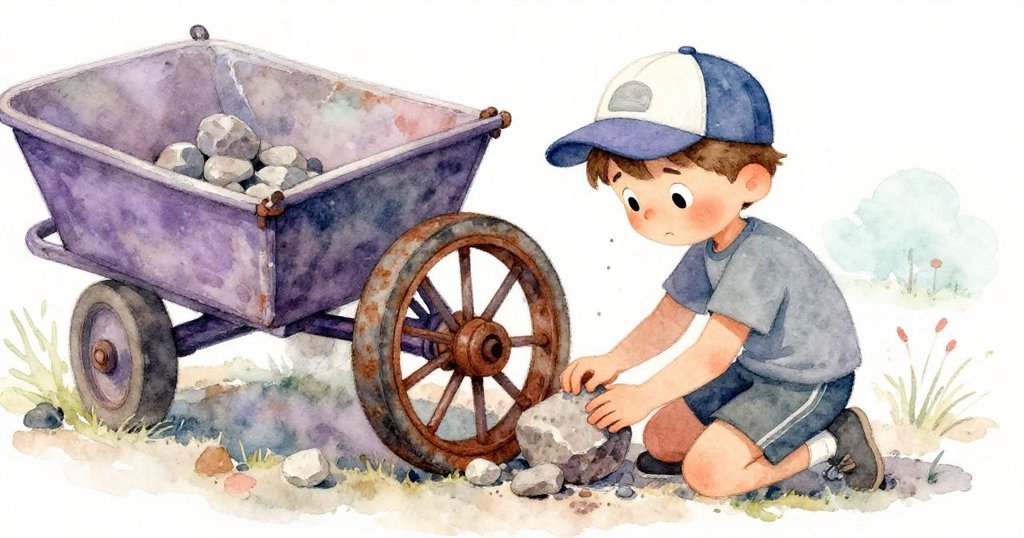 達倫從背後觀察，蹲下身子仔細清除卡車輪周邊砂石，神情專注且堅定，展現早晨努力修復的瞬間。