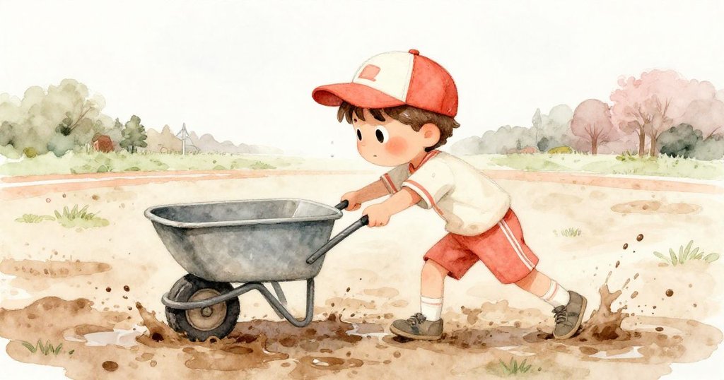 達倫推動卡車，袖子濺上泥水，他動作堅定，背景濕潤的泥土和積水呈現天氣氛圍，充滿動感。