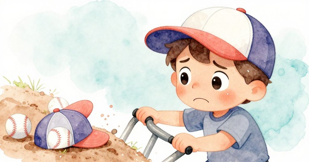 達倫見卡車把手斷裂，疊起灑落在黏土上的棒球，表情由憂慮轉為堅定，展示內心衝突與迅速應對。