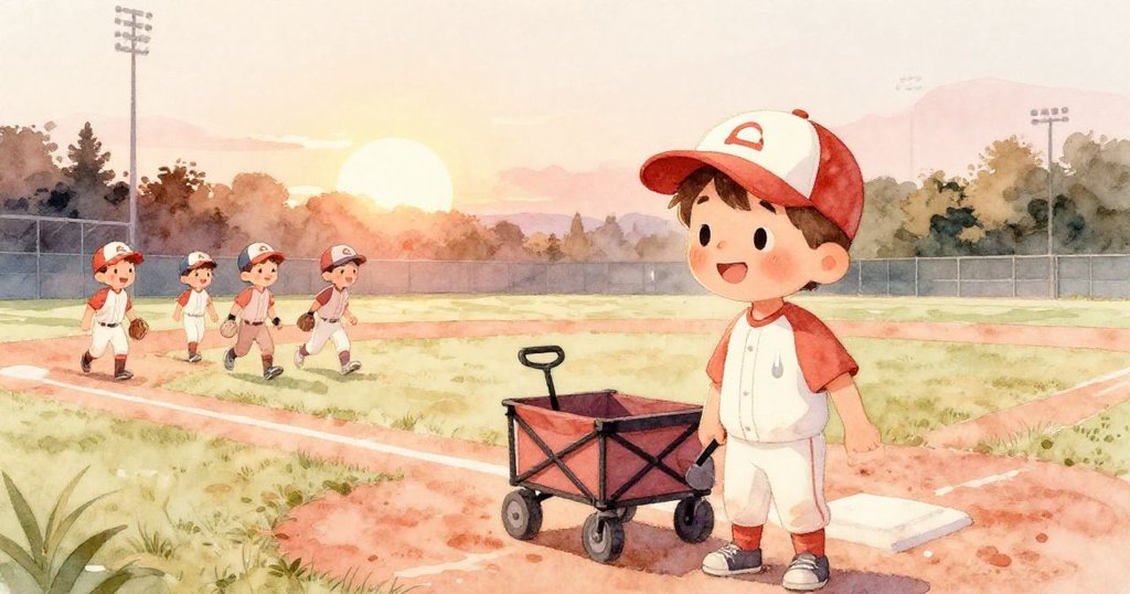 達倫站在滿載棒球的卡車旁微笑，夕陽灑落在棒球場上，隊友陸續到來，畫面充滿勝利與溫暖。