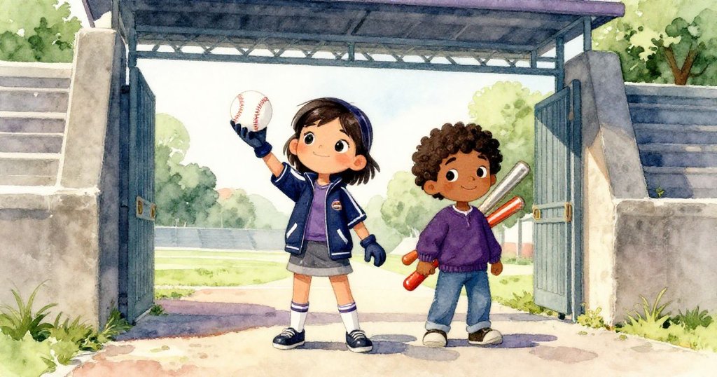 ミアが野球ボールを手にし、レオとともに静かなスタジアムの門で冒険を始める。温かな朝光が差し込み、二人の表情にワクワク感が溢れています。