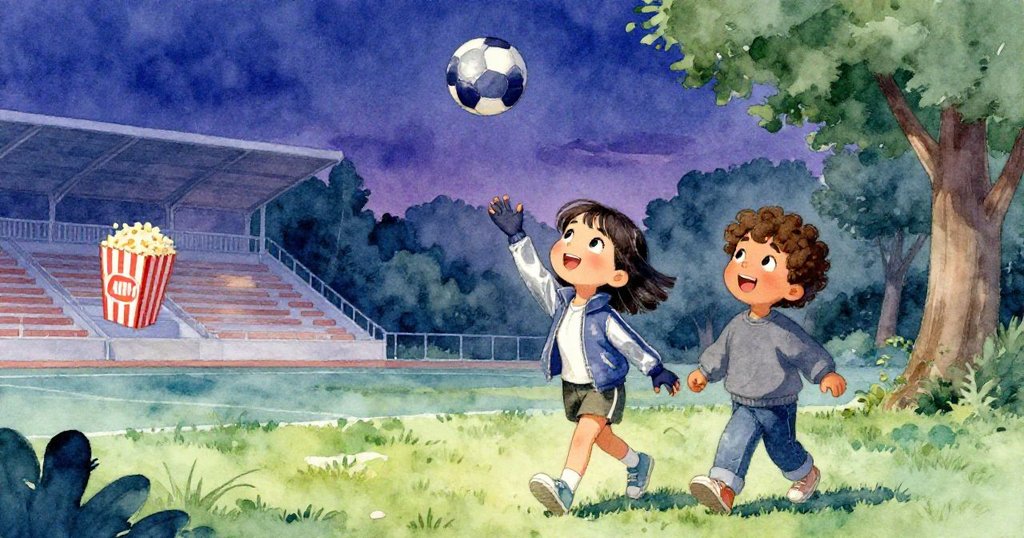 ミアがボールを空中に投げながら、レオと肩を並べ公園へ向かう再会のシーン。背後の階段でポップコーン箱がゆっくり回転し、温かい余韻が感じられます。
