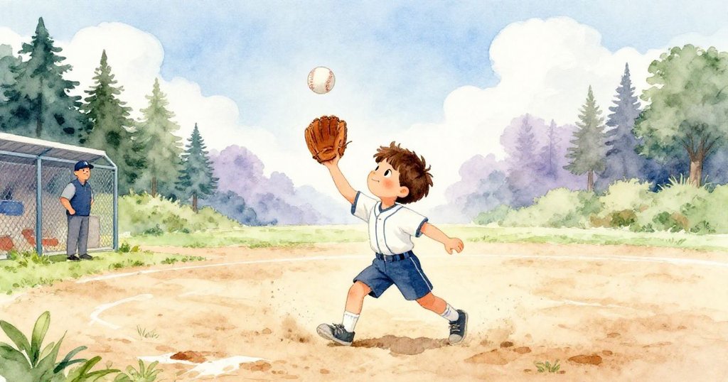 レオが広いグラウンドで自信を持ってグローブに野球を捕らえ、柔らかなほこりが足元に舞い、コーチが見守る中、新たな道へ進む決意を示すシーン。