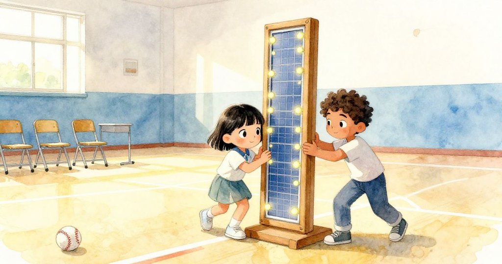 ノラとルイスが体育館で木のフレームを力強く押しており、背景に野球ボールと折り畳み椅子があり、明るい表情と進行感が感じられる。