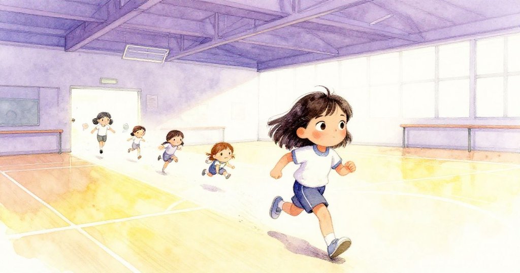 ノラが体育館の中で逃げるタイムラインを追いかけ、ベンチ下に滑り込む紙を見つめながら足音が遠くに響く緊迫した移行空間の瞬間。