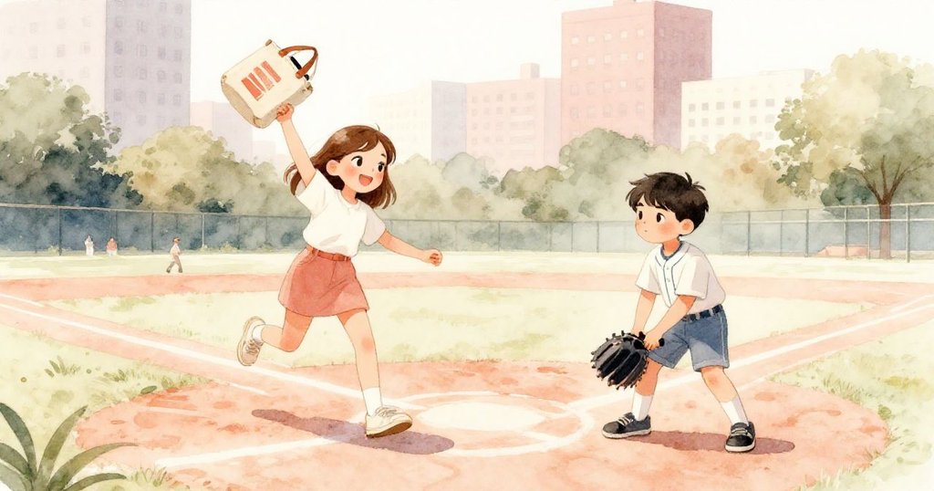 マラが土にキャンバスバッグを置き、レオが用具を整えながら、暖かな陽光の中で都市公園の野球場で活発な動きが見られるシーン。