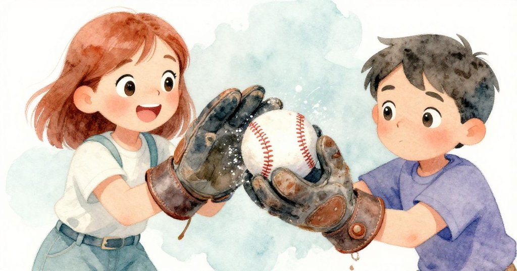 マラとレオの手が、塵と使い込まれた革のグローブと野球に触れる、細部のテクスチャが際立つアップショットのシーン。