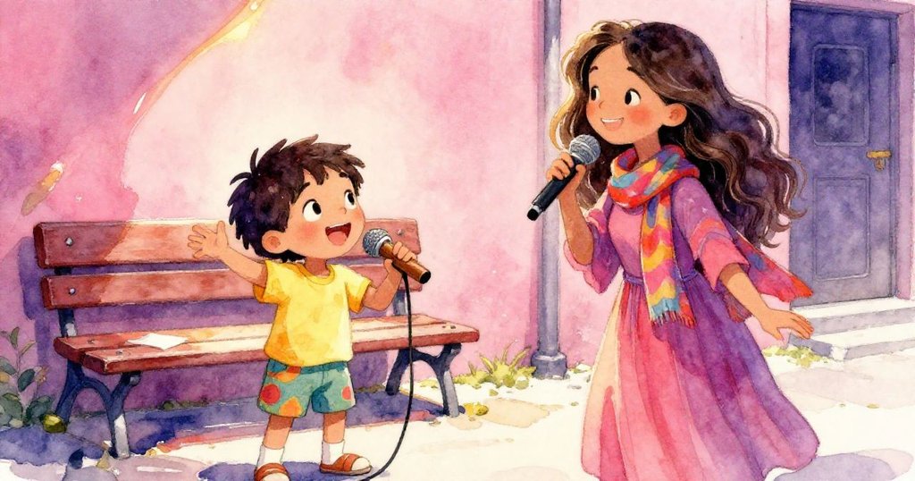 거리 가수가 생기 넘치는 미소로 나무 방망이를 마이크처럼 들며 벤치 근처에서 노래하는 사이, 미라가 환하게 손을 흔들며 즐거워하는 모습