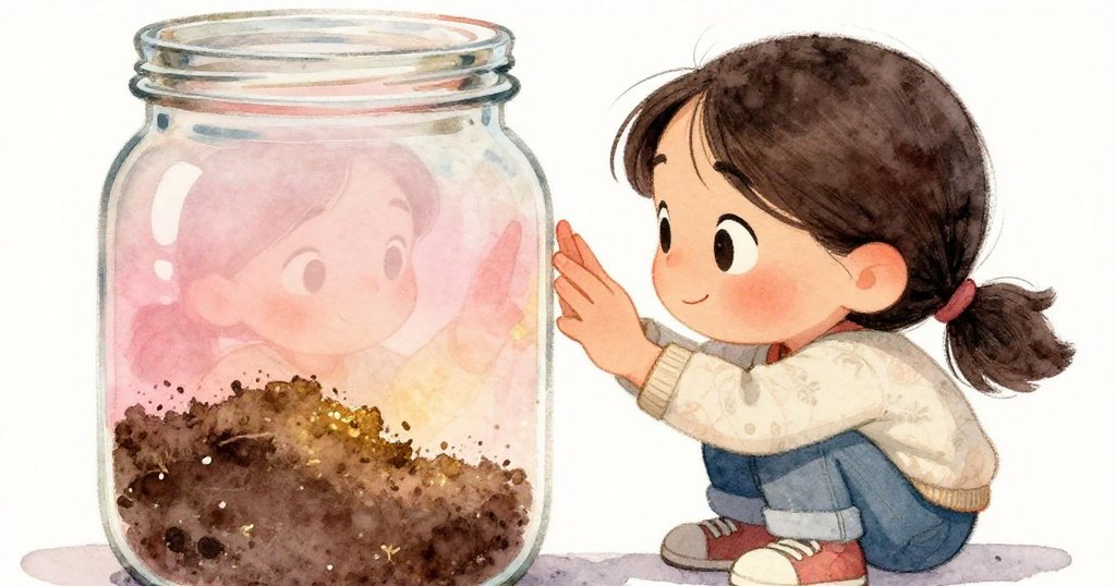 마야가 투명한 병 안에 담긴 흙샘플을 유심히 바라보며, 연구자의 진지한 표정이 병에 비치는 모습으로 섬세하게 표현된 장면입니다.