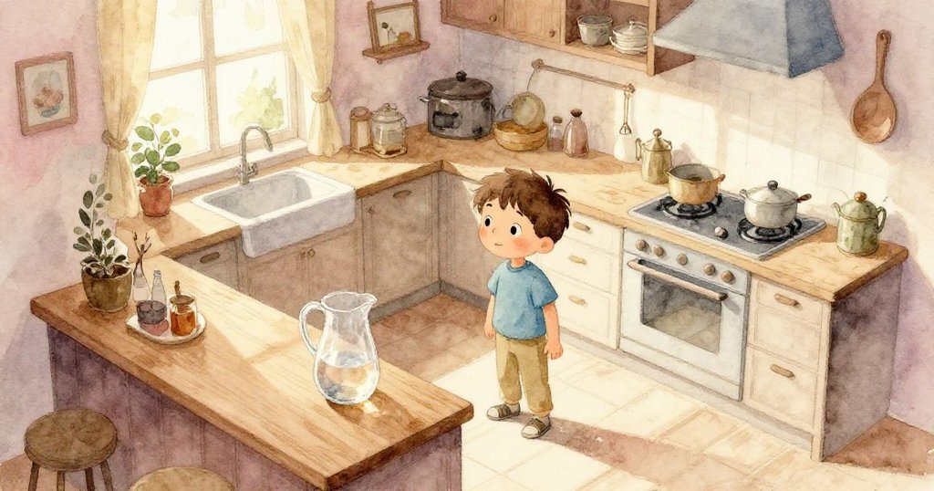 Tim 在溫暖的廚房中站立,鳥瞰視角展示明亮室內及木檯上透明水壺,充滿好奇與期待。