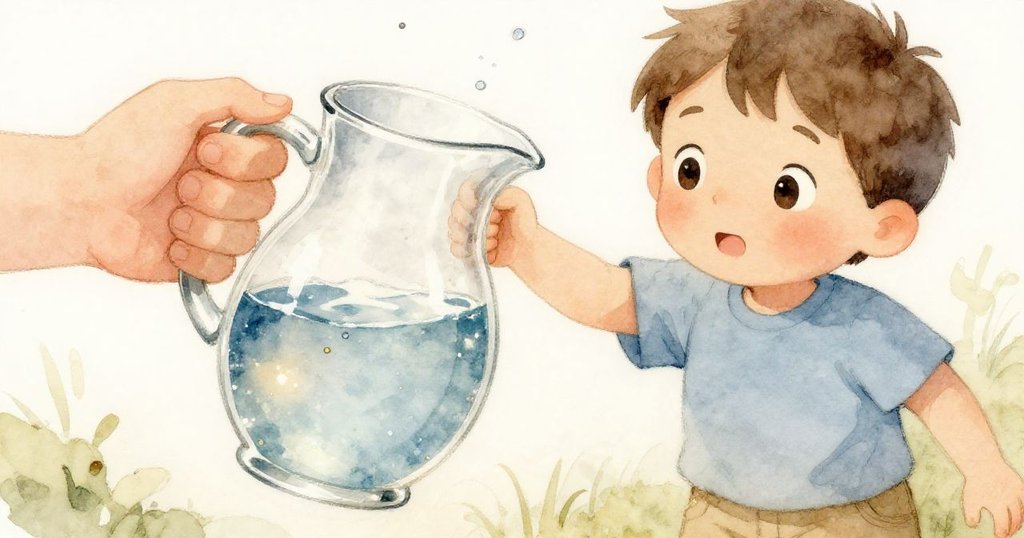 Tim 小心翼翼地舉起透明水壺,手部特寫呈現水中閃爍的細節,神情專注且充滿小心。