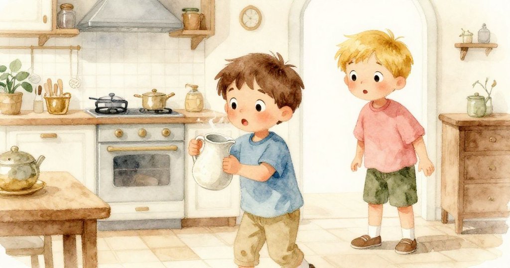 Tim 從背後邁步舉著顫動水壺,Leo悄然走入廚房表情關切,兩兄弟互動充滿溫馨。