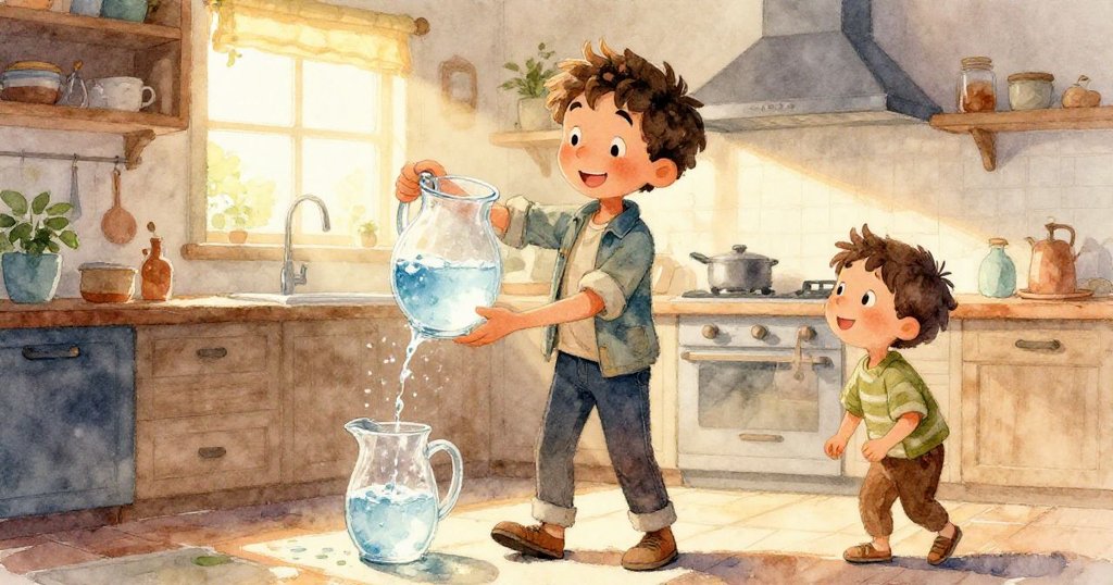 透明水壺內以水下視角呈現,漂浮著一艘小塑料船,水波閃爍,營造奇幻動感場景。