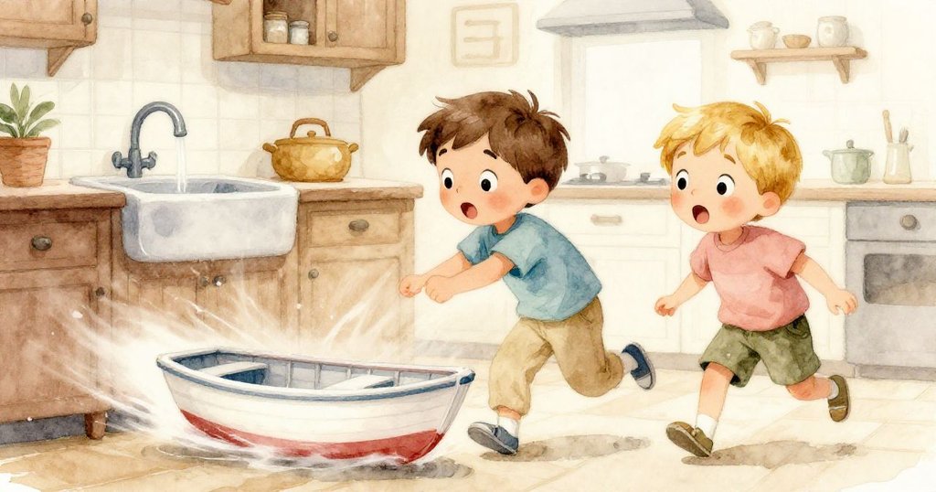 塑料小船在洗手槽中急速旋轉,Tim與Leo驚喜注視,水花飛濺,充滿動感與歡愉情緒。