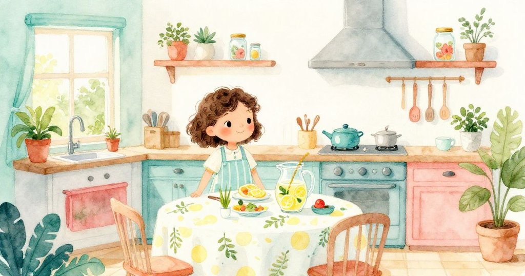 Lily在溫暖廚房中忙碌準備園藝慶祝，手握工具與物件互動，窗外晨光柔和，表情充滿期待。