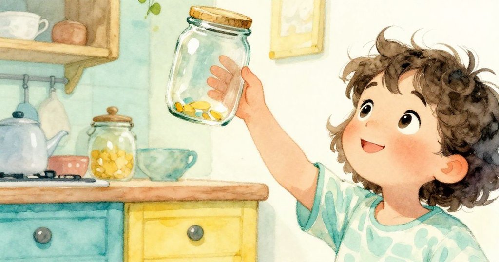 Lily踮腳伸手取玻璃罐，手指與罐子細節清晰，溫馨背景中流露出專注與小心謹慎。