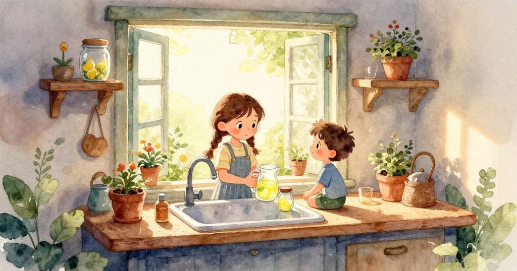 玻璃罐滑落觸碰匙子，檸檬水奔向桌邊，木桌上水珠飛散，場景動感十足展現意外瞬間。