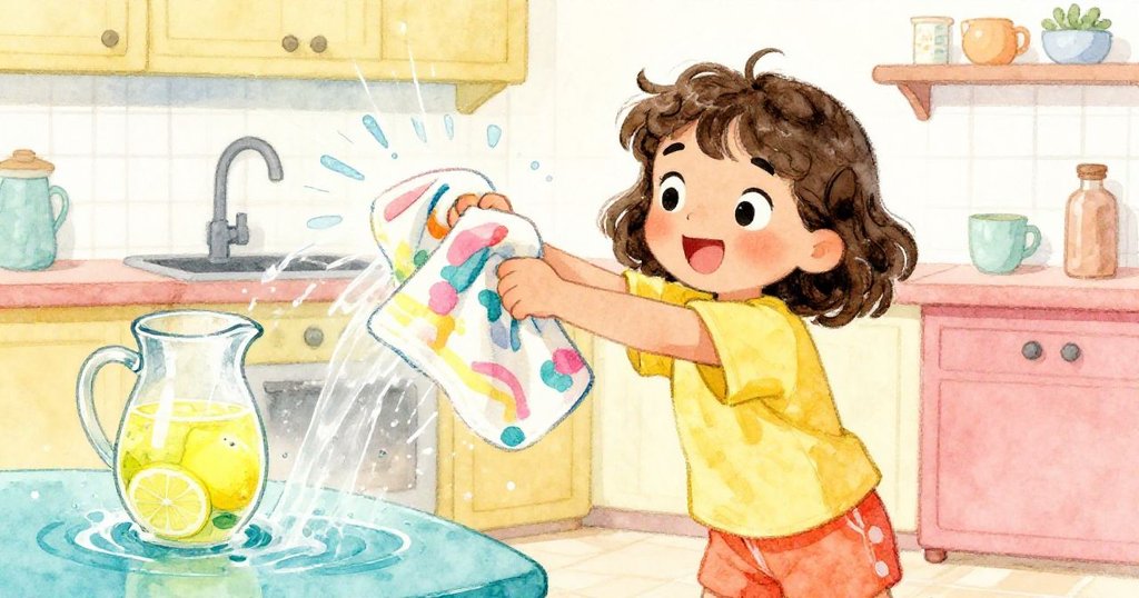 Lily果斷攔截奔流檸檬水，舉毛巾動作迅捷，臉上帶著驚訝與幽默，廚房內景細膩呈現。