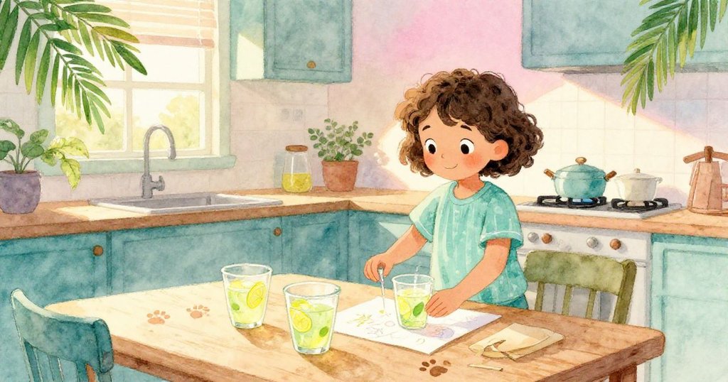 Lily在溫暖黃昏中整理三杯檸檬水與兄弟畫作，桌上留著乾爪印，微笑滿懷溫馨與新希望。