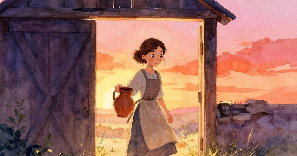 Laurel 在晨光中走向老穀倉門口，手持陶罐，臉上充滿期待與決心，背景有稻草與光線映照。