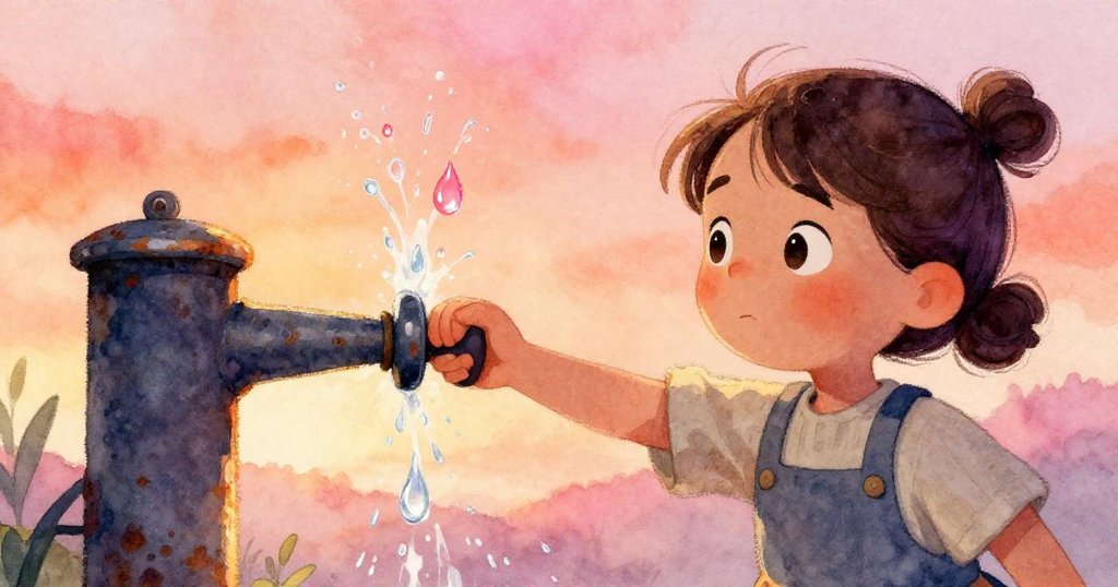 Laurel 的手緊握著生鏽水泵柄，水滴飛濺在夕陽色調的溫暖光線中，她的神情專注細膩。