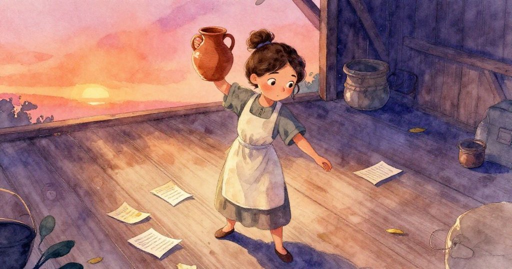 高角度視角下，Laurel 小心平衡滿水陶罐，散落的宣傳單紙隨風飛舞，場景呈現溫暖且忙碌的氛圍。