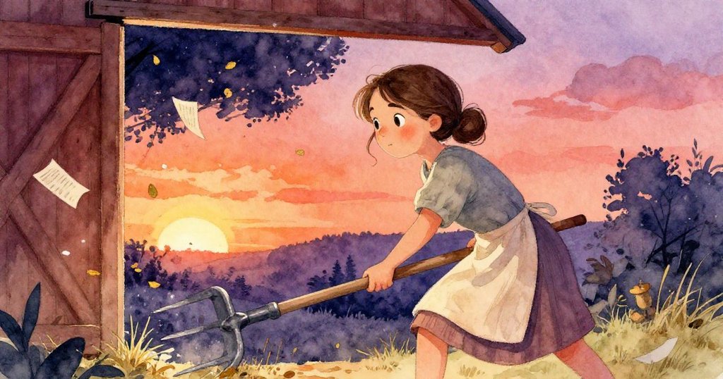 Laurel 面臨挑戰，用腳穩固倒下的耙子，旁邊傳單隨風飛舞，她展現堅定與忙亂的精力。