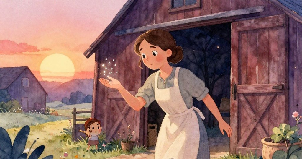 Laurel 走離穀倉，嘴角輕揚告別過去，水珠映出夕陽溫柔光芒，腳步堅定迎向新開始。